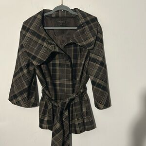 Classiques entier womens XL jacket wool blend brown plaid belt sleeve lined